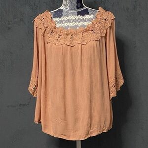 Haute Monde Top Womens XL Boho Peasant Crochet Gauze Off Shoulder Cottagecore